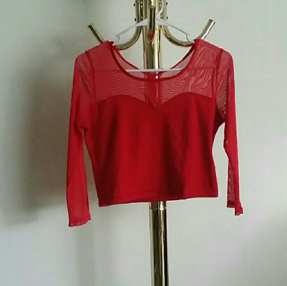 SOLD -Red Sweetheart Crop Top with Mesh Sleeves 🔥