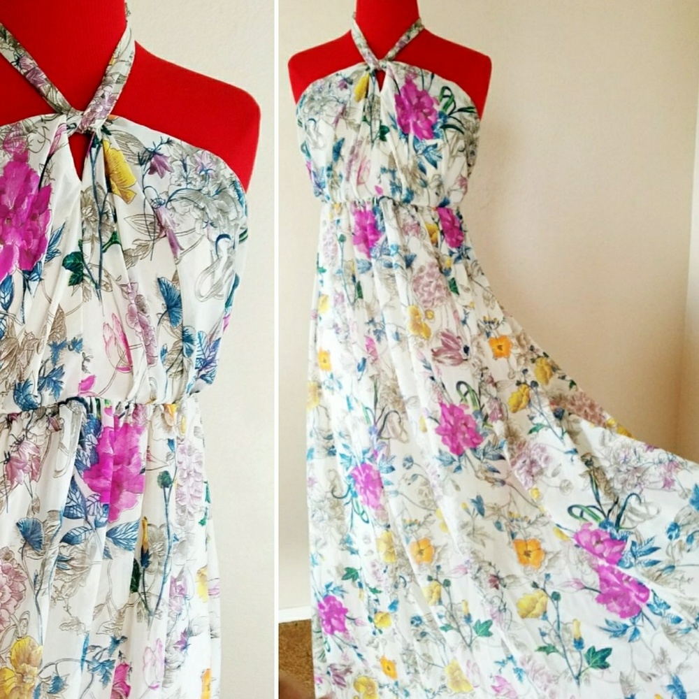 Romantic Floral Strapless Print Keyhole Maxi Dress