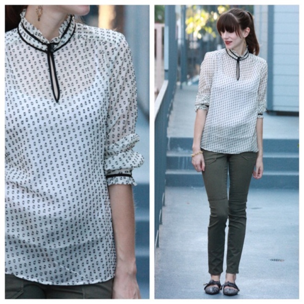 Jcrew clip dot blouse with ruffle trim