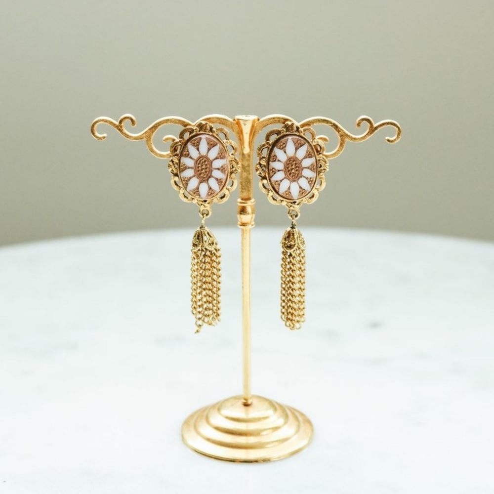 Vintage Floral Tassel Clip On Earrings