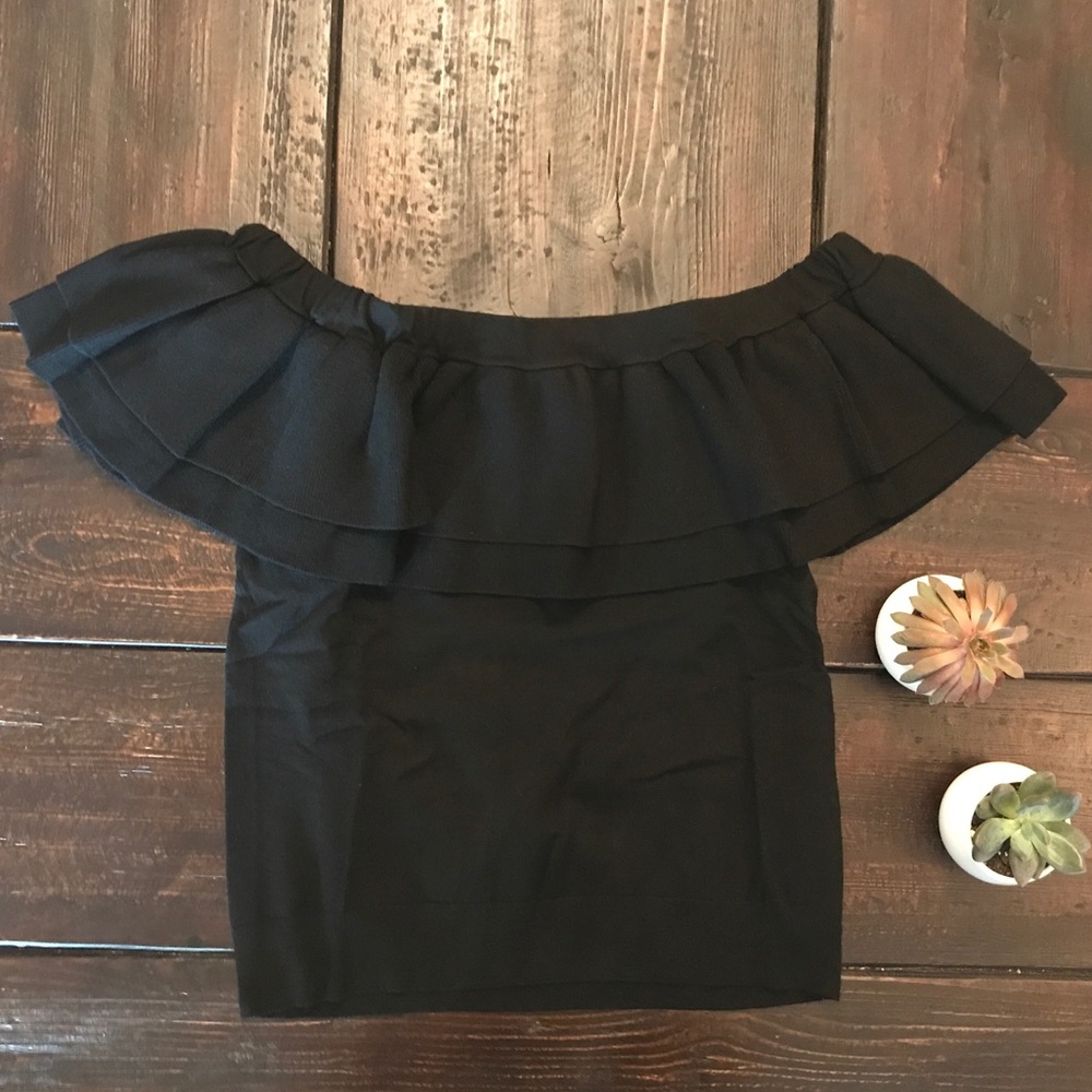 J Crew Ruffle Off Shoulder Sweater Top NWT Black