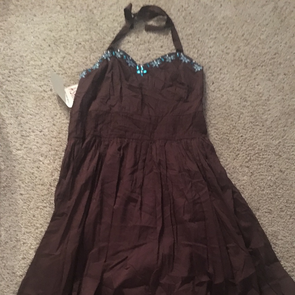 Chocolate Brown Halter dress with turquoise beads