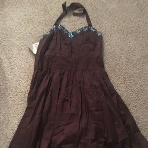 Chocolate Brown Halter dress with turquoise beads