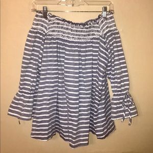 Blue and white off the shoulder blouse