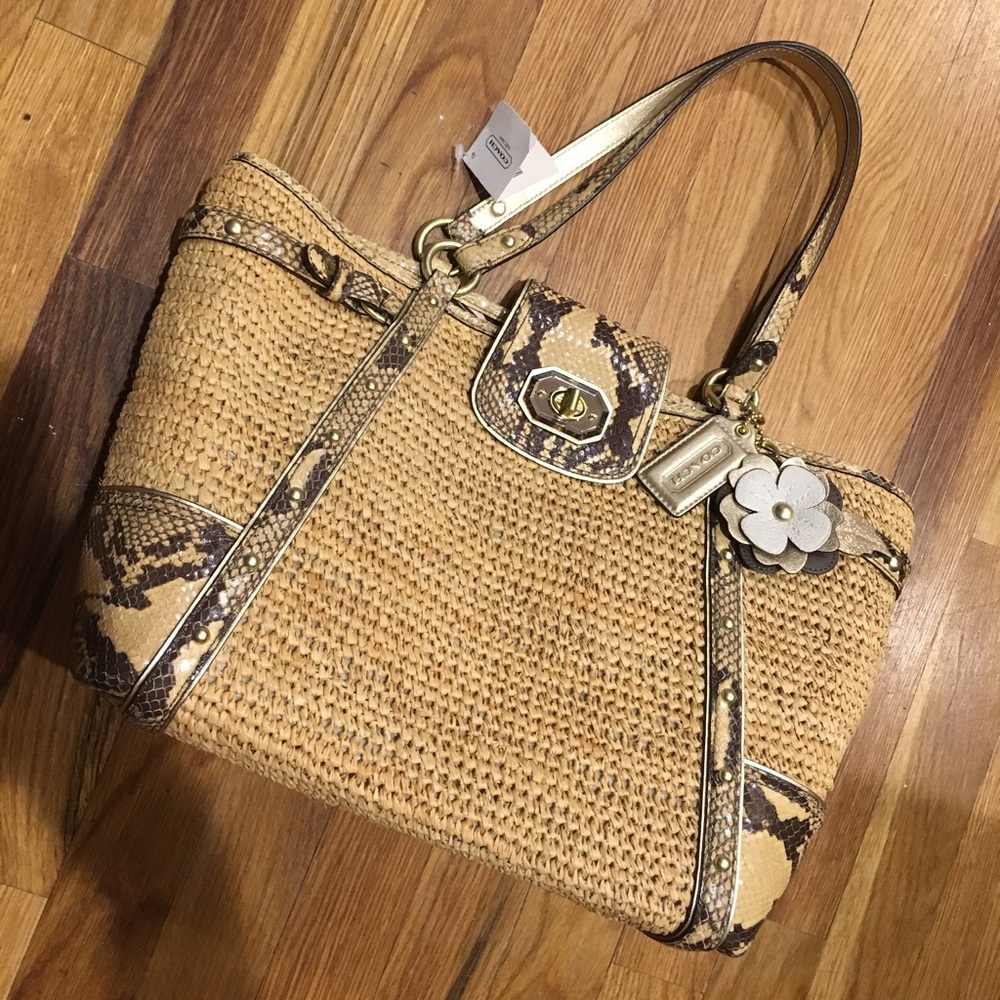 Coach Python Straw Natalie Studded Gold Tote Zebra