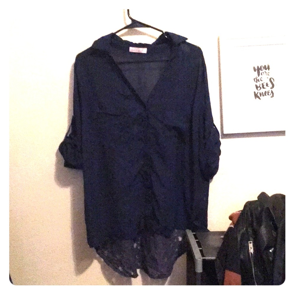 See-through high-low blue floral lace blouse
