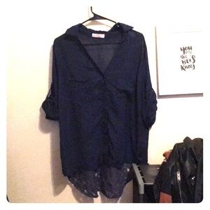 See-through high-low blue floral lace blouse