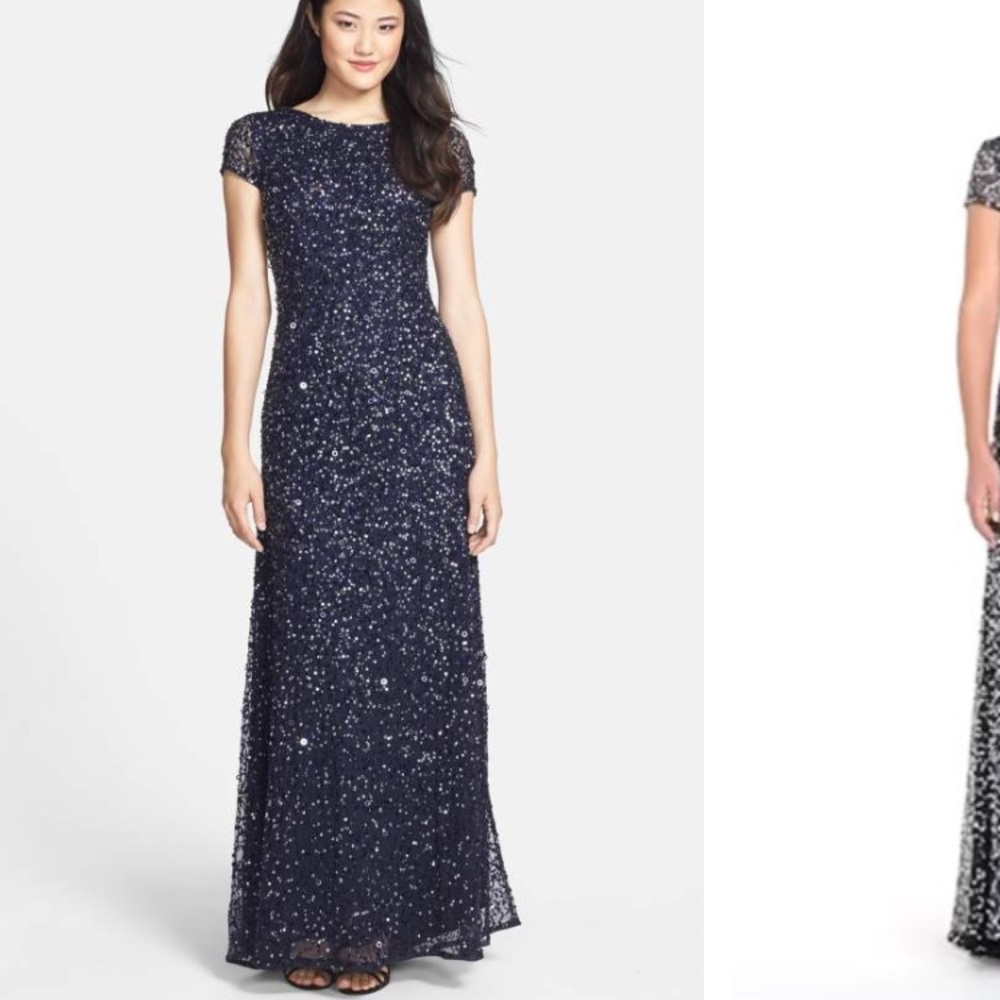 ADRIANNA PAPELL Short Sleeve Sequin Mesh Gown
