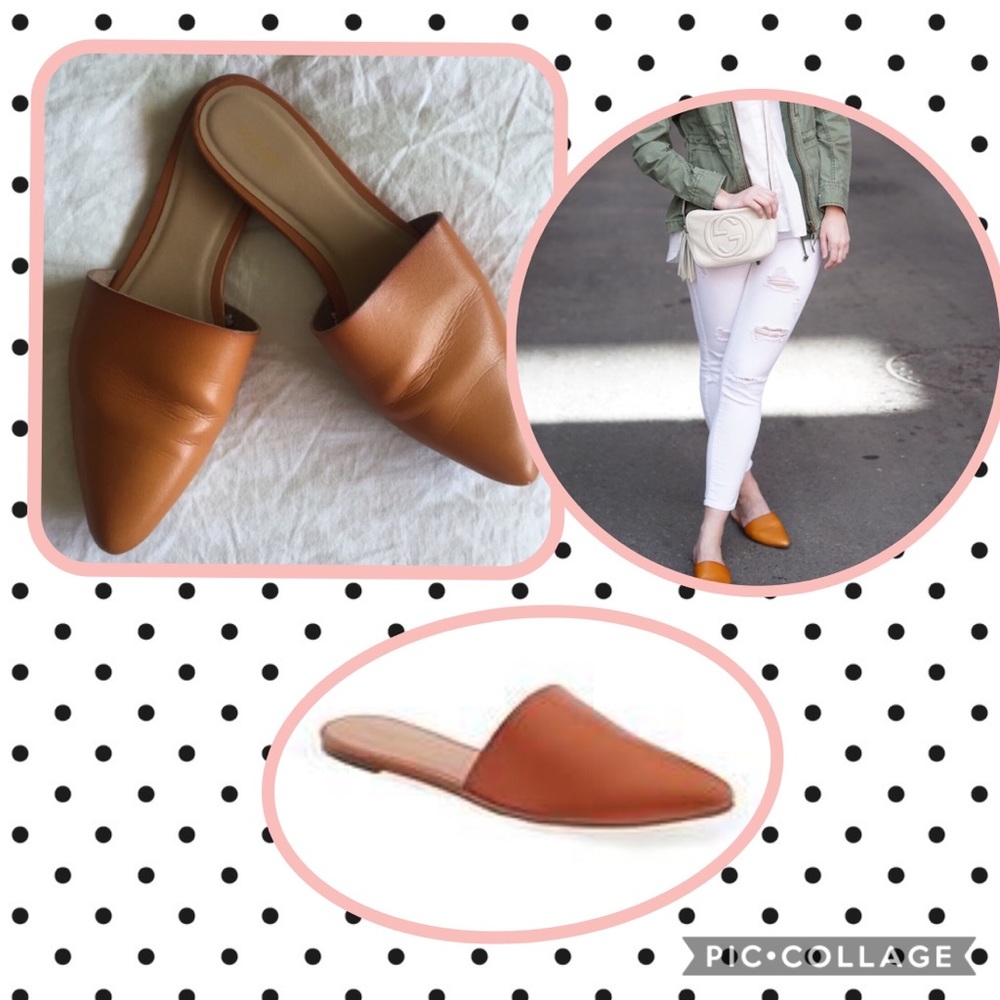 Old Navy- flat pointed tan mules.