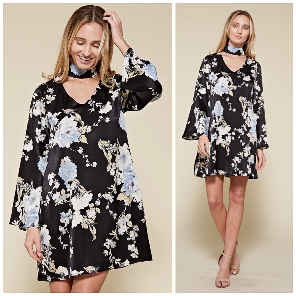 LAST! Black and Blue Silky Floral Choker Bell Sleeve Dress! - Picture 3 of 5