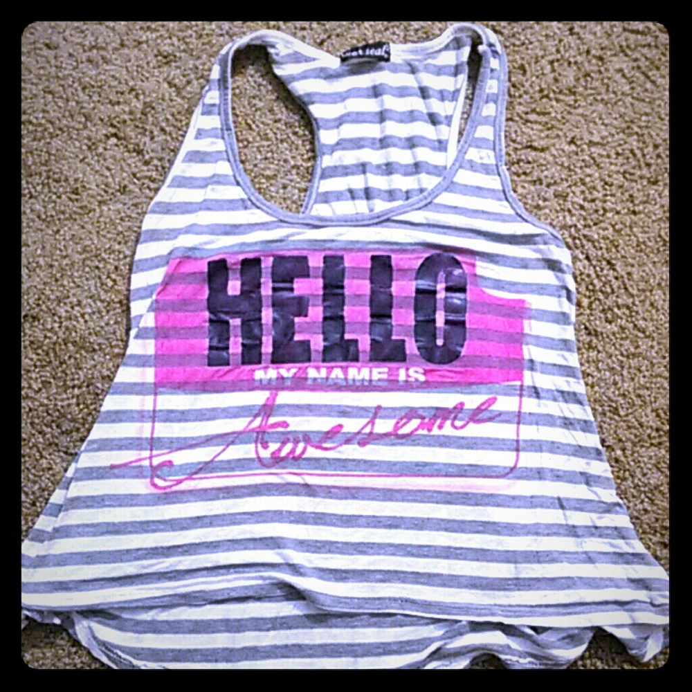 Crop top gray ajd white with pink and black writin