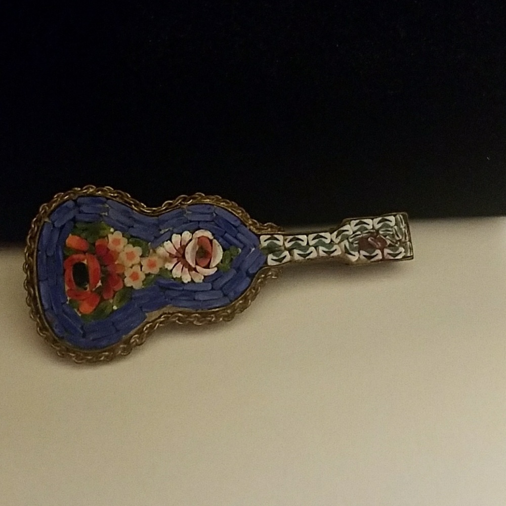 Vintage Mini Micro Mosaic Guitar Brooch, Made In Italy