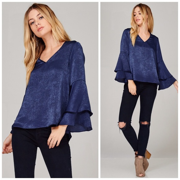 LAST 1! ❤️Sateen Double Ruffle v neck woven blouse - Picture 5 of 6