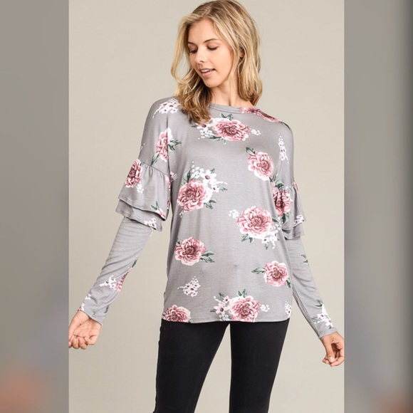 LAST 1💋Double Ruffle Floral Jersey Knit Top - Picture 2 of 4