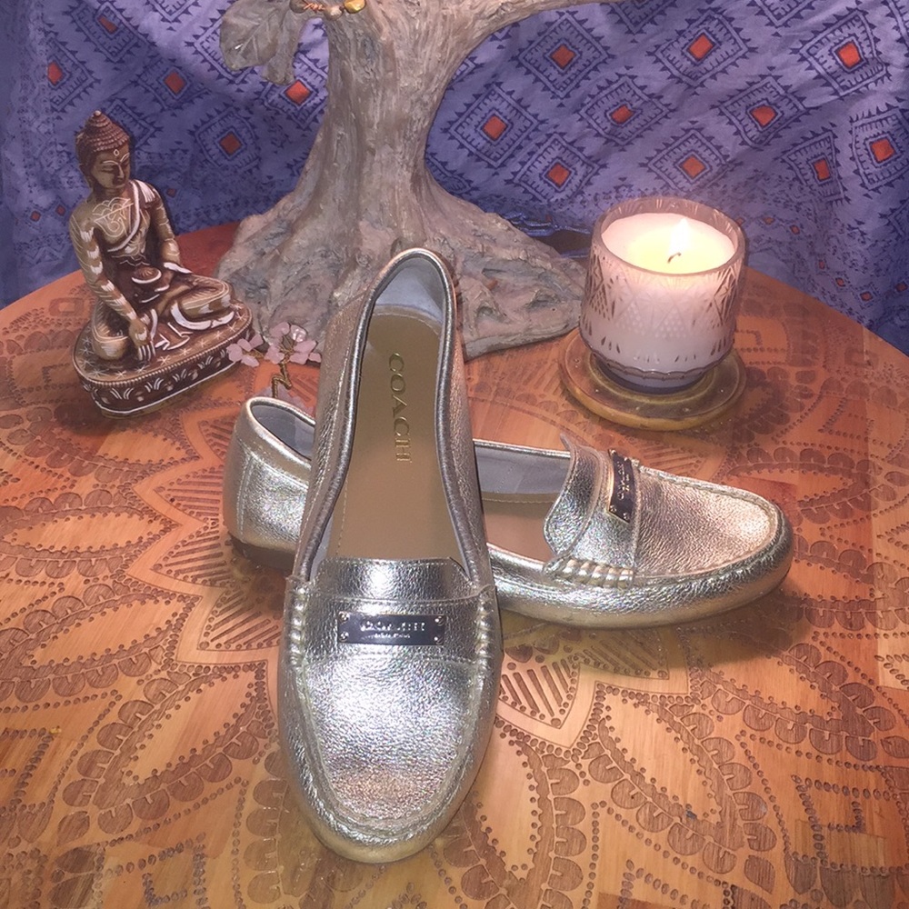 Coach Size 7.5 Gold Penny Loafers Holiday Flats