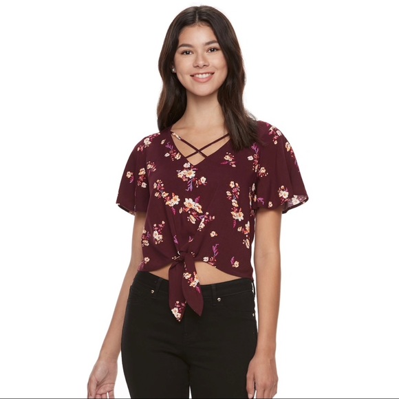 Mudd Tops - Floral Print Tie Front Top