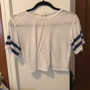 White crop top with blue stripes