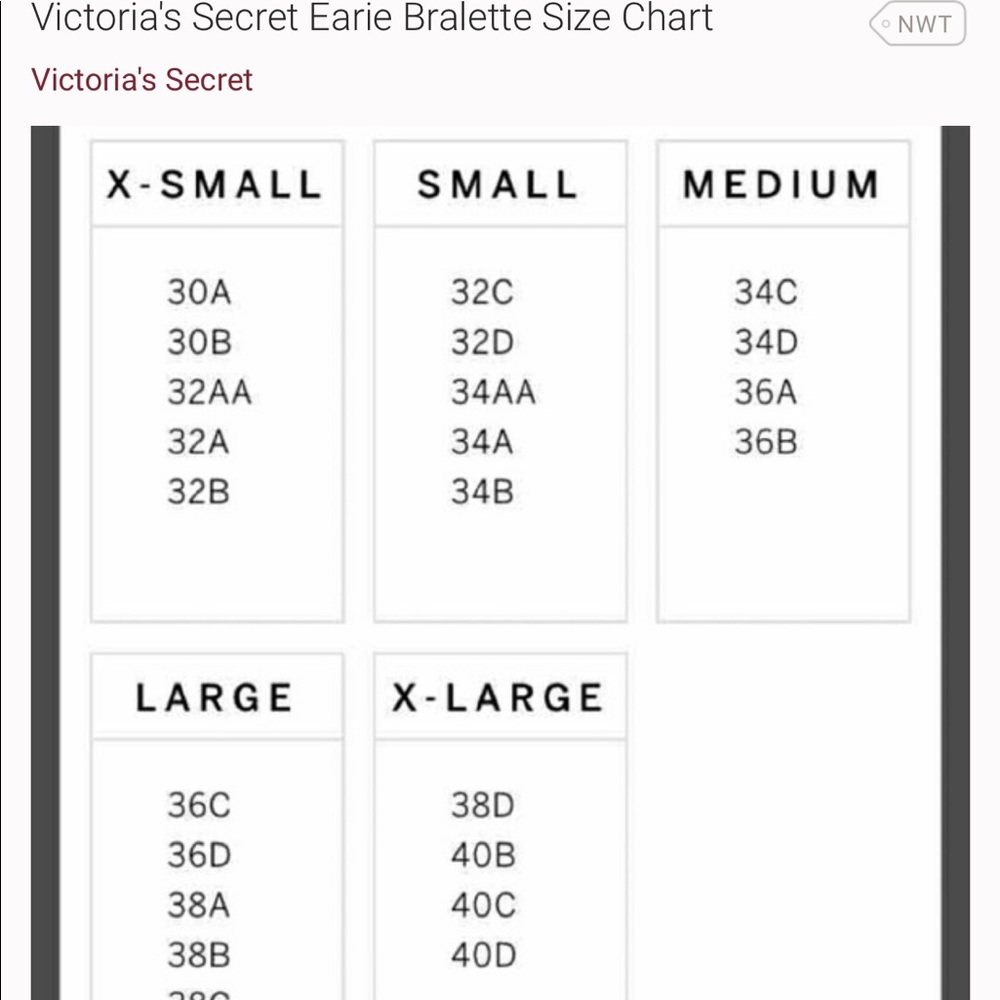 VS Bralette size chart
