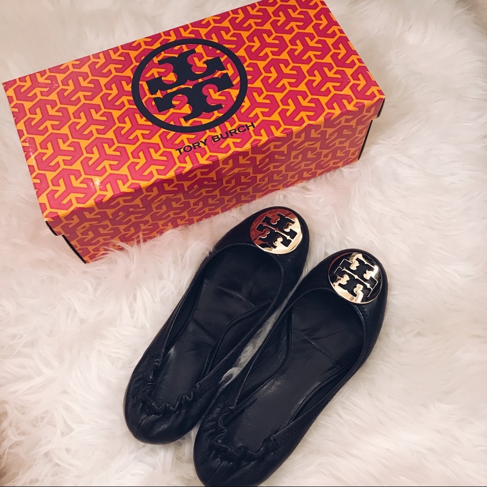 Tory Burch Black and Gold Reva Flats +Original Box