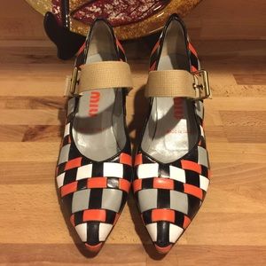 MIU MIU Colorblock Fabric Strap Heels Orange Black MIU MIU Colorblock Fabric Strap Heels Orange Black