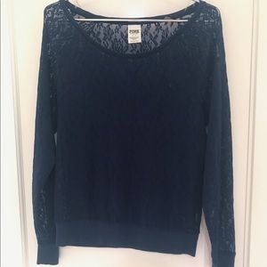 PINK Lace Sweatshirt. Navy Blue Sz S