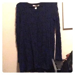 Long sleeve blue floral lace shirt-dress