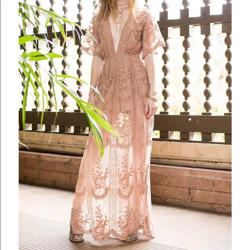 V-Neck Lace Maxi Romper - Honey Punch
