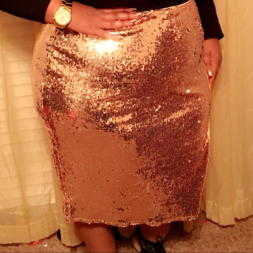 Rose gold sequin midi skirt