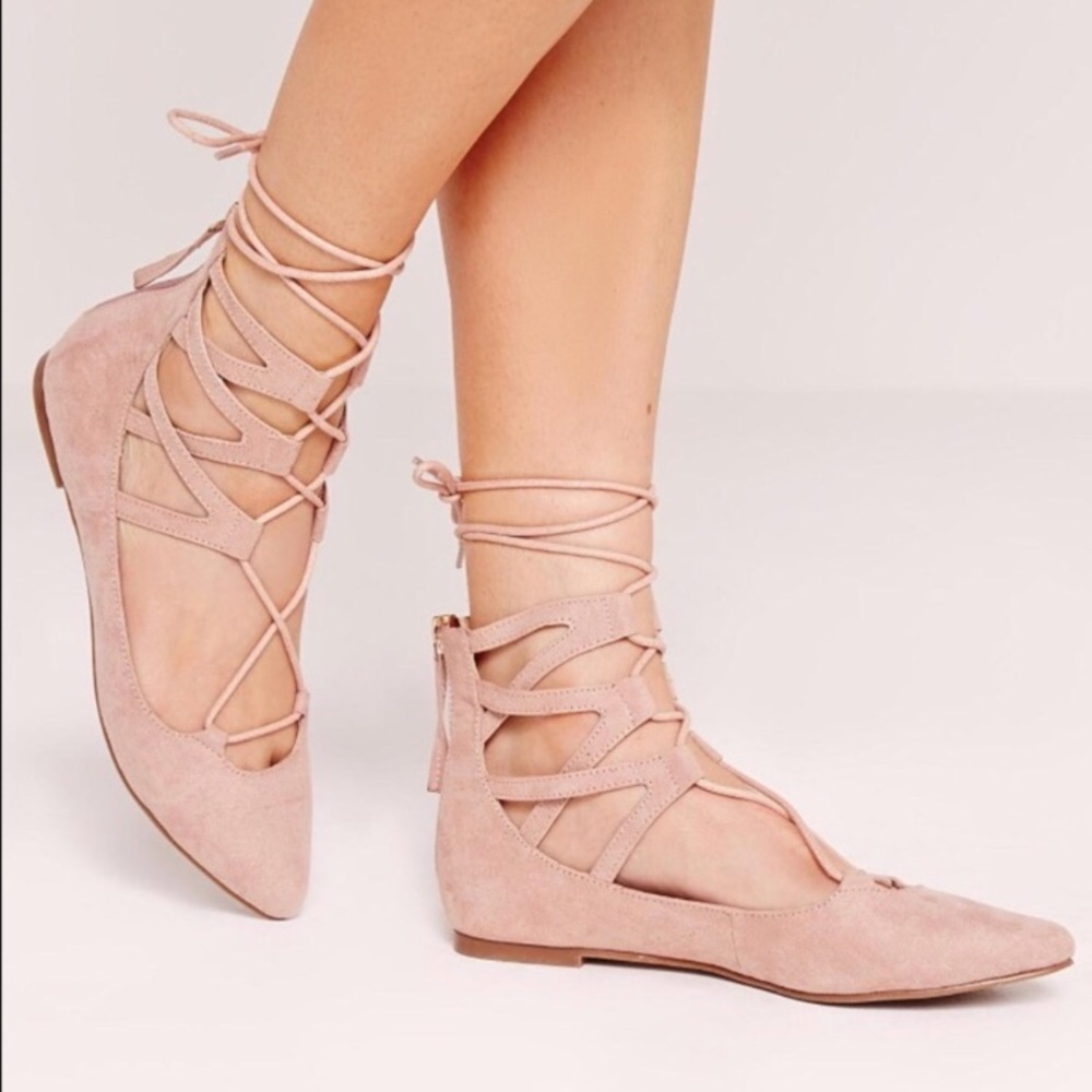 Nude Pink Lace Up Pointed Flats