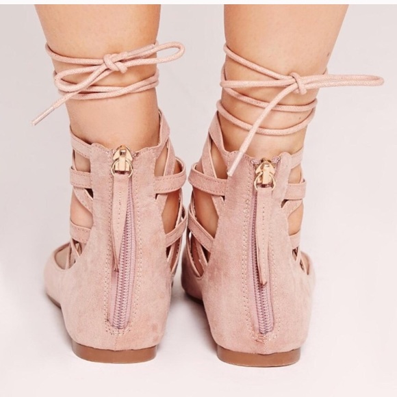 Nude Pink Lace Up Pointed Flats - Picture 2 of 3