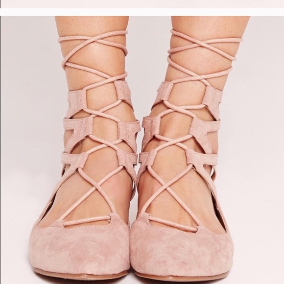 Nude Pink Lace Up Pointed Flats - Picture 3 of 3