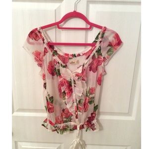 Hollister white flowy blouse cinch tie ruffles