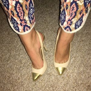 Gold Pointed Toe Cream Slingback Pumps