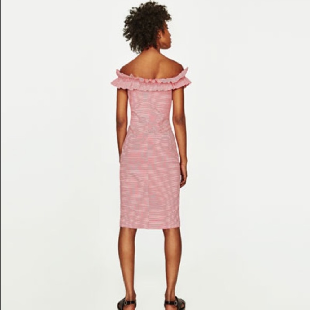 Zara red white off the shoulder dress w/ frills - Picture 3 of 4