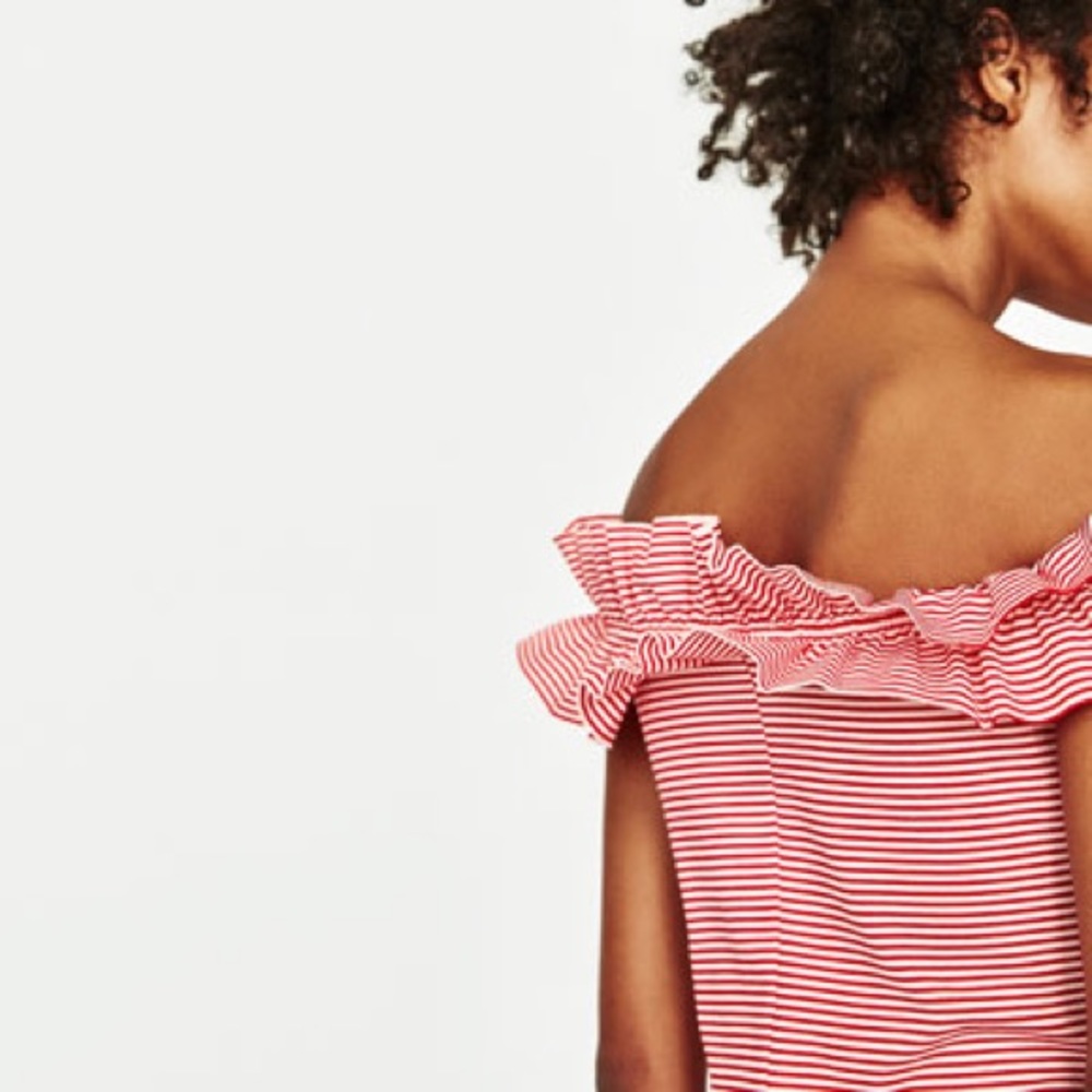 Zara red white off the shoulder dress w/ frills - Picture 4 of 4