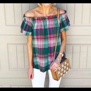 Plaid off the shoulder top