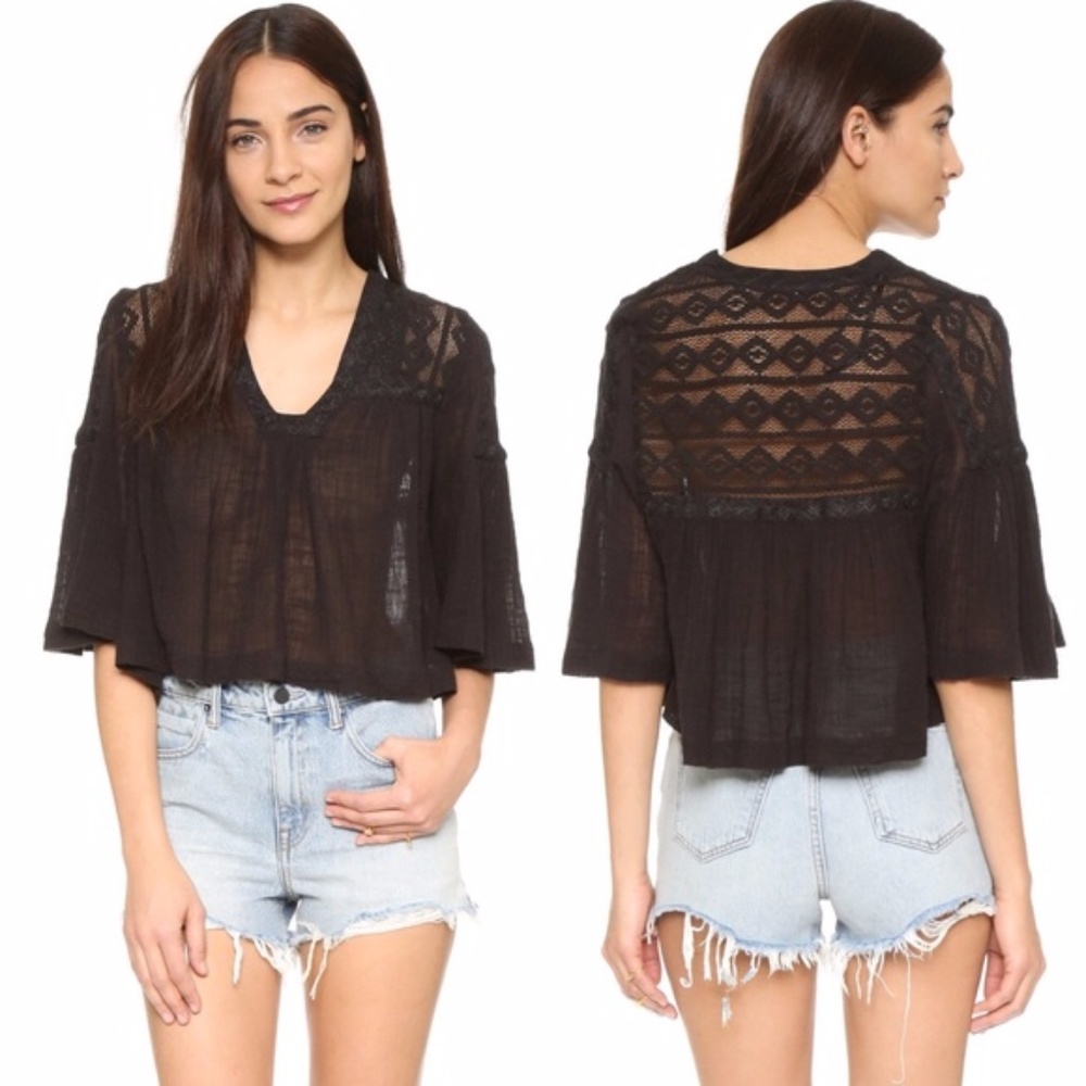 Free People Black Carry Me Away Cropped Gauze Top