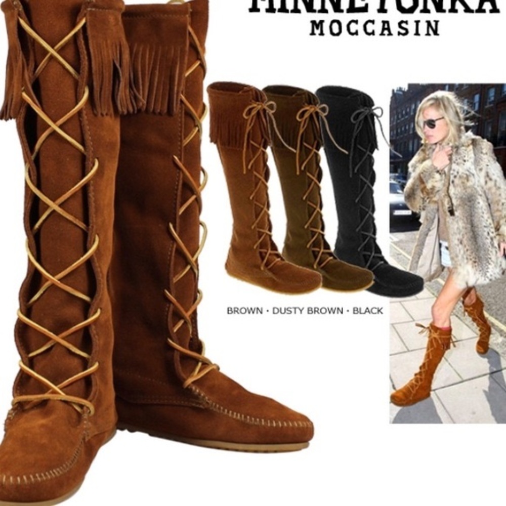Minnetonka tall laceup suede boot fringe brown EUC