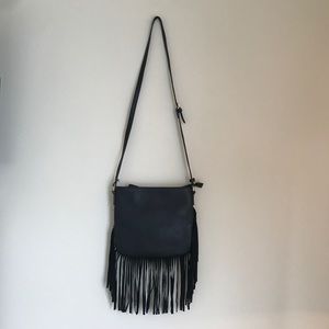 Black fringe leather crossbody handbag