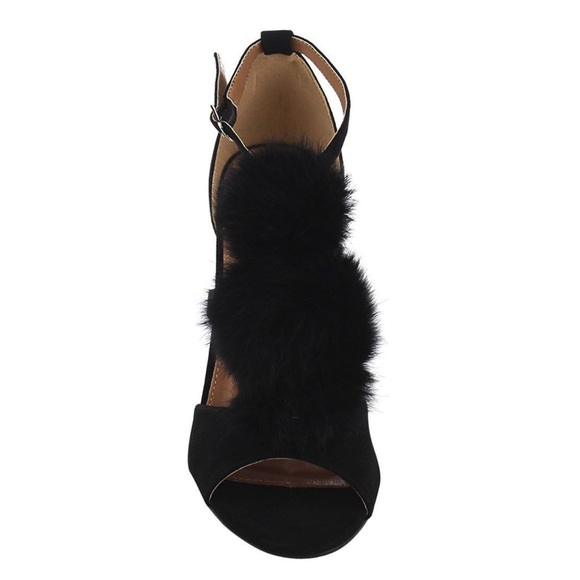 Black Peep Toe Pom Pom Chunky Block Heel Sandal - Picture 3 of 5