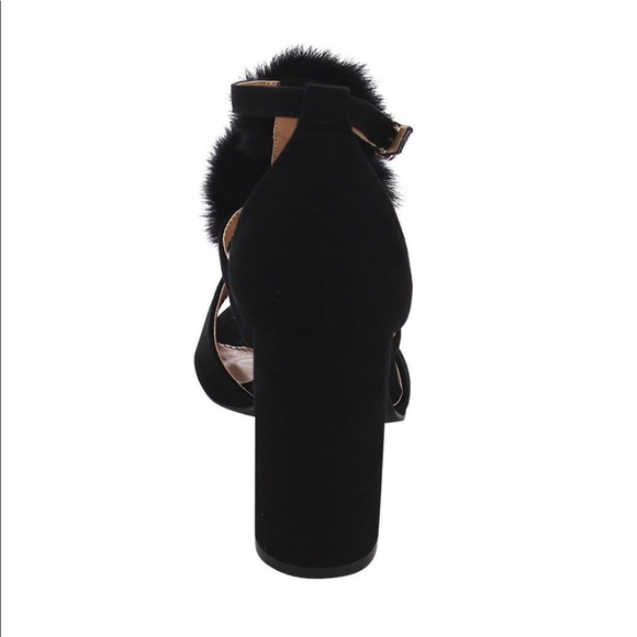 Black Peep Toe Pom Pom Chunky Block Heel Sandal - Picture 4 of 5