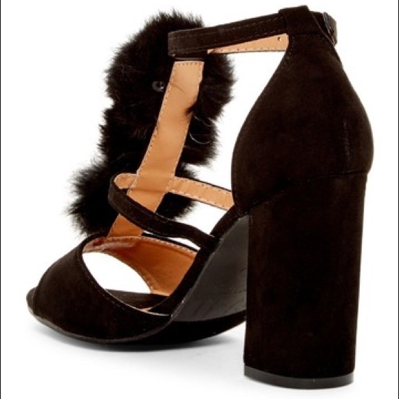 Black Peep Toe Pom Pom Chunky Block Heel Sandal - Picture 5 of 5