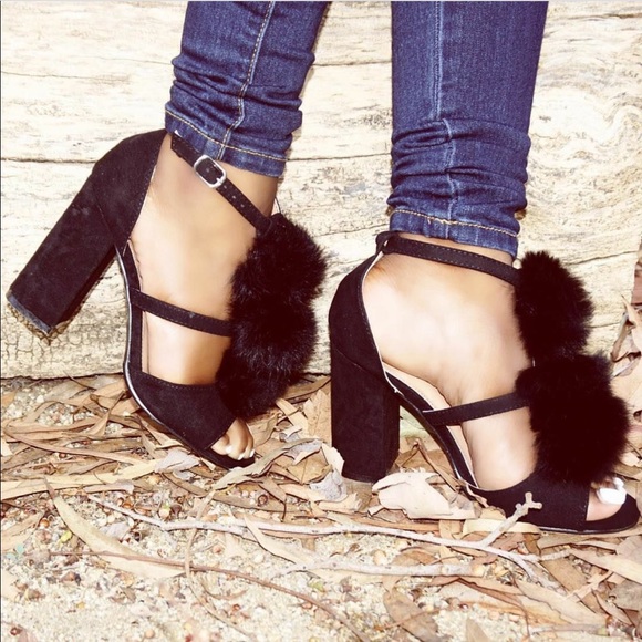 Black Peep Toe Pom Pom Chunky Block Heel Sandal - Picture 2 of 5