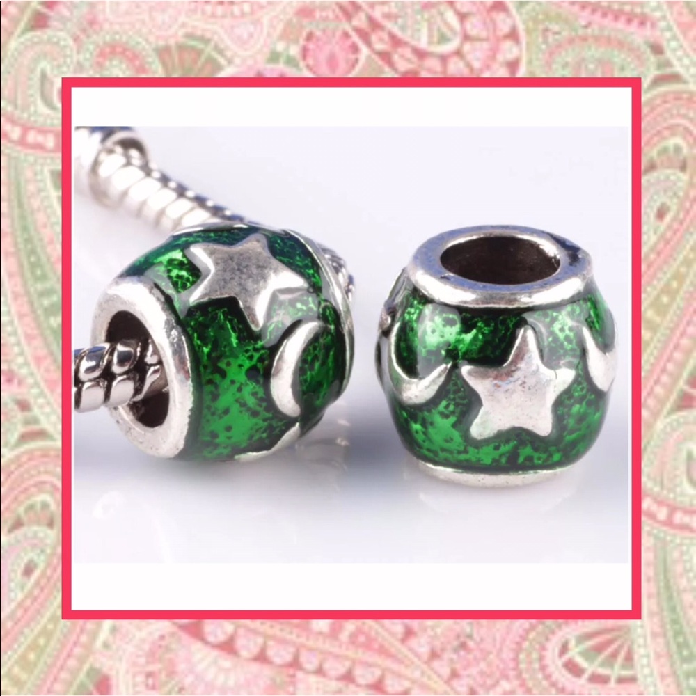 🍒 2PC GREEN MOON STAR BEAD CHARM GEM SILVER DIY CRAFTS JEWELRY GEMSTONE SPACE