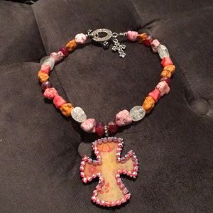 Pink and Orange Flower Cross Necklace
