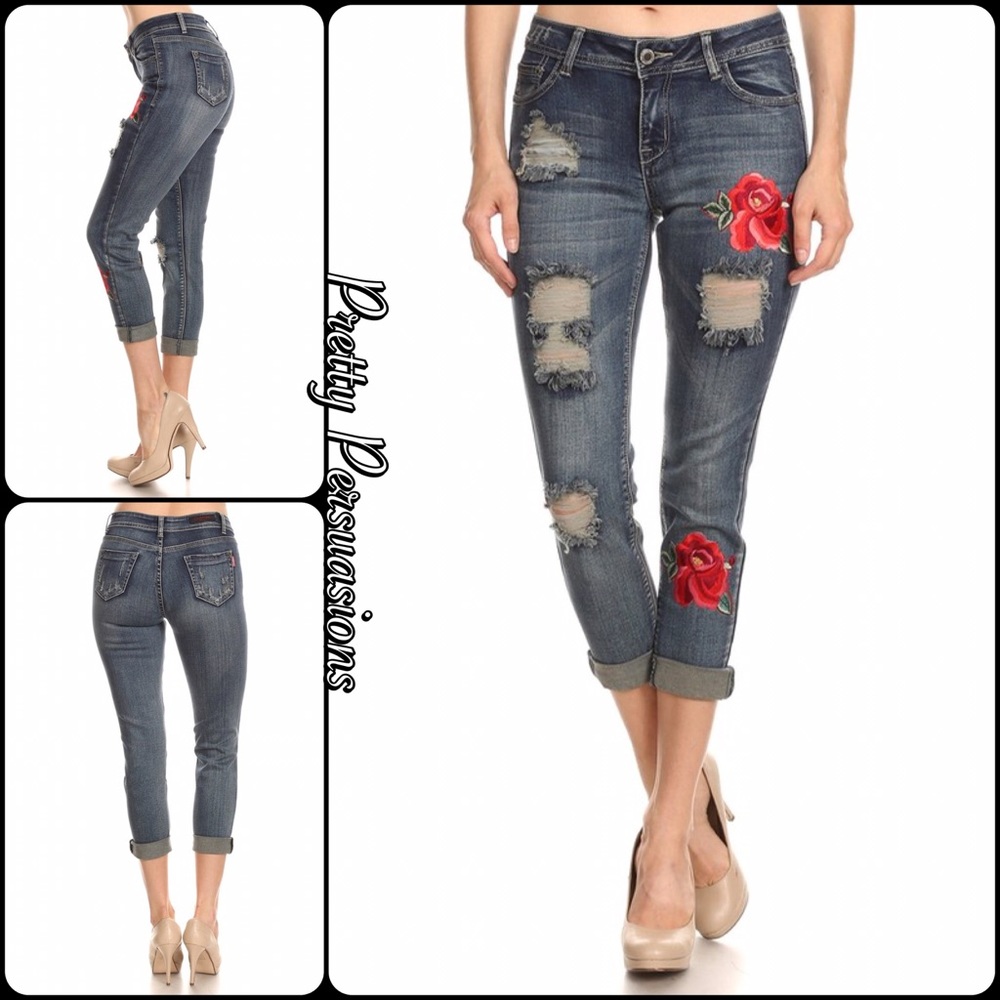 SALE‼️Mid Rise Floral Embroidered Distressed Jeans - Picture 2 of 8