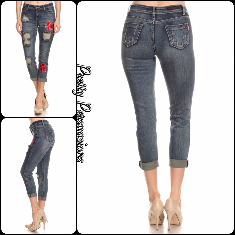 SALE‼️Mid Rise Floral Embroidered Distressed Jeans - Picture 5 of 8