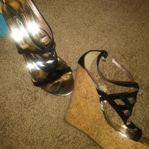 Black wedge high heel strappy sandal