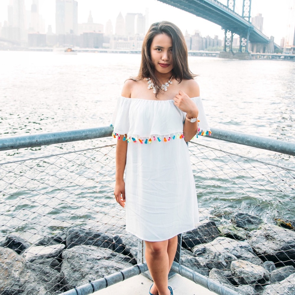 White Colorful Off the Shoulder Tassel Dress