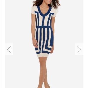 Eva Longoria Blue Striped V-neck Midi Dress - (S)
